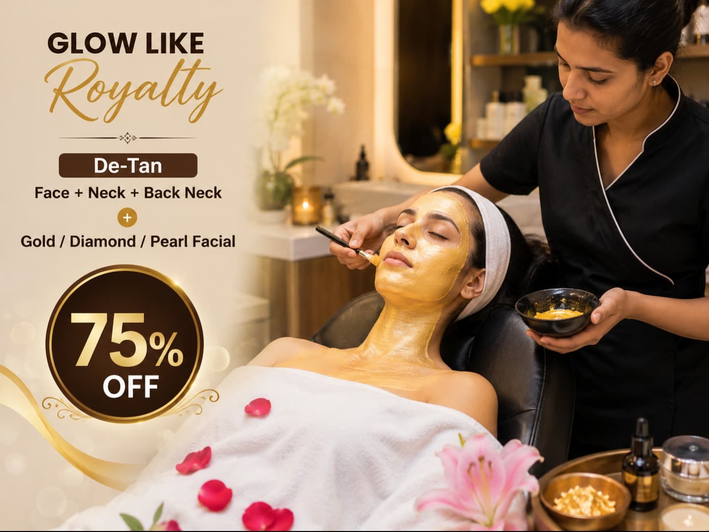 De-Tan Face + Neck + Back Neck + Gold/Diamond/Pearl Facial — 75% OFF