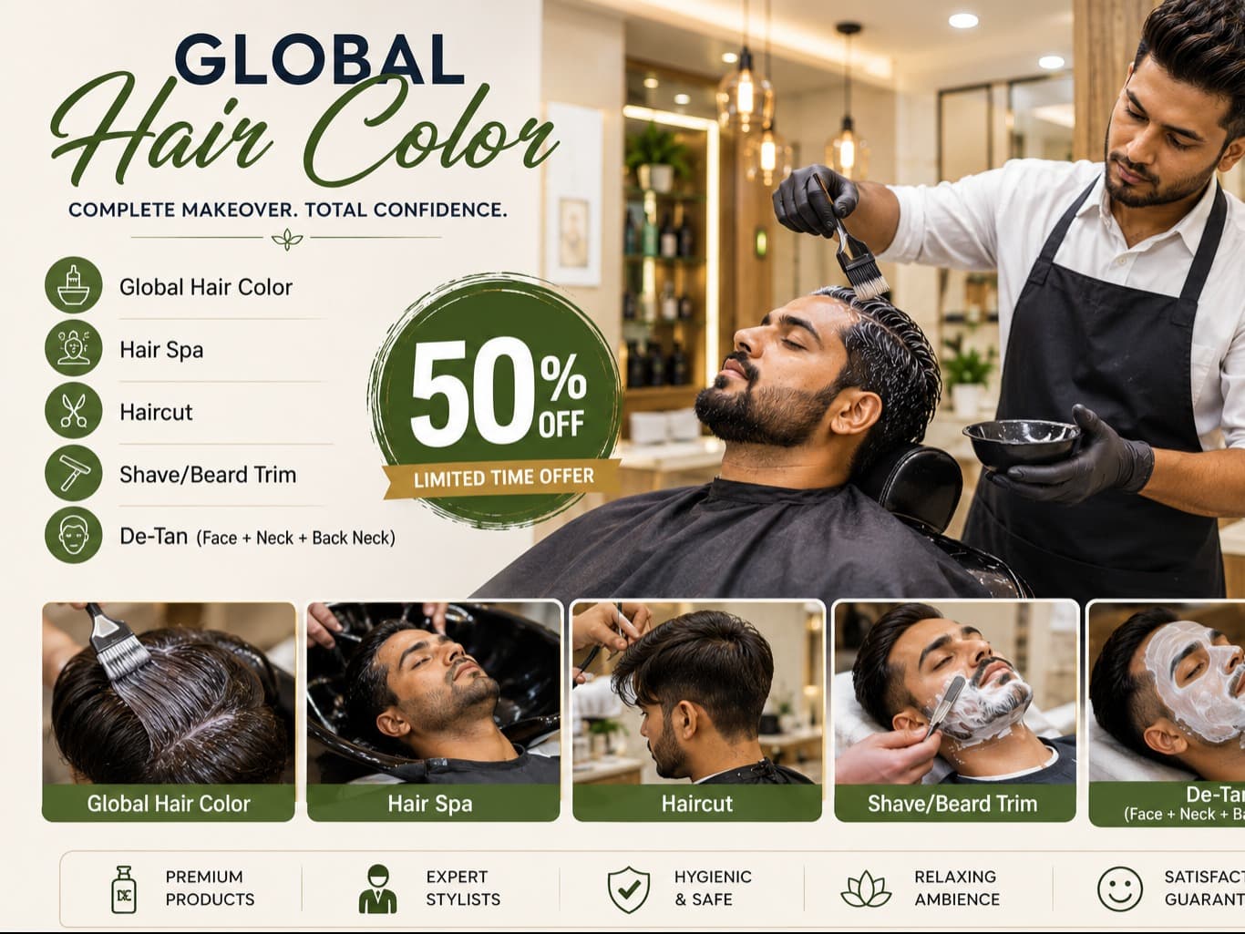 Global Hair Color + Hair Spa + Haircut + Shave/Beard Trim + De-Tan (Face +Neck + Back Neck ) — 50% OFF