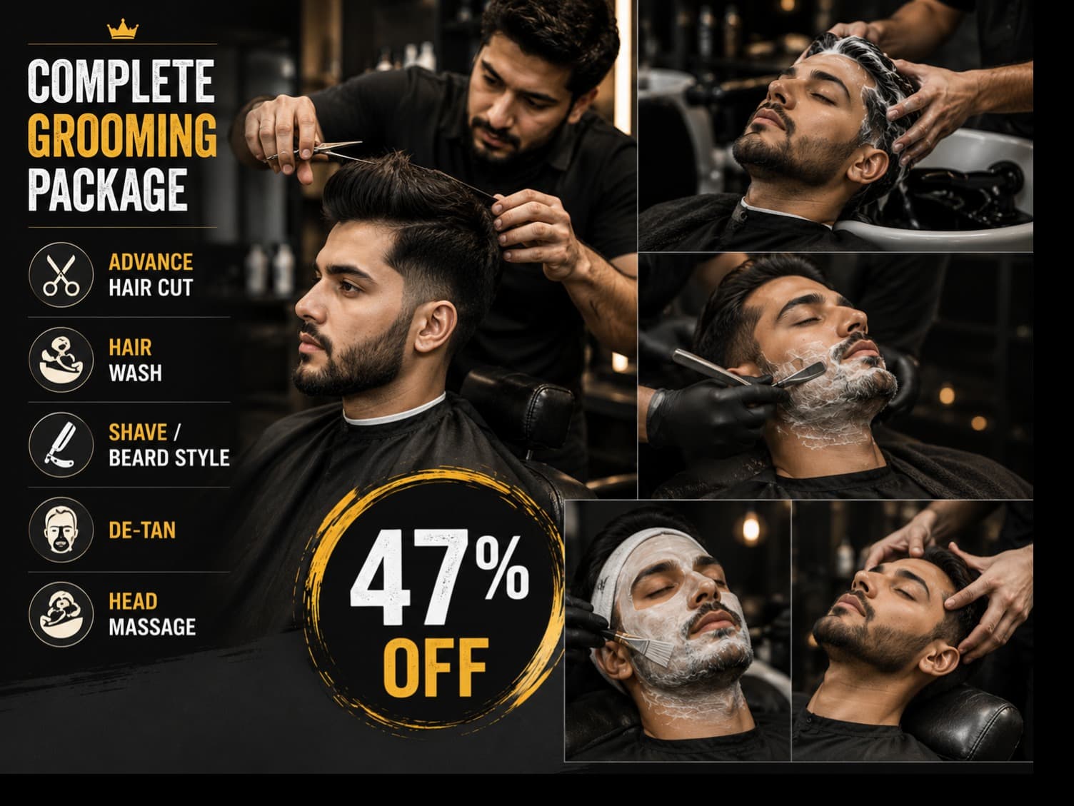 Advance Hair Cut + Hair Wash + Shave/Beard Style + De-Tan + Head Massage — 47% OFF
