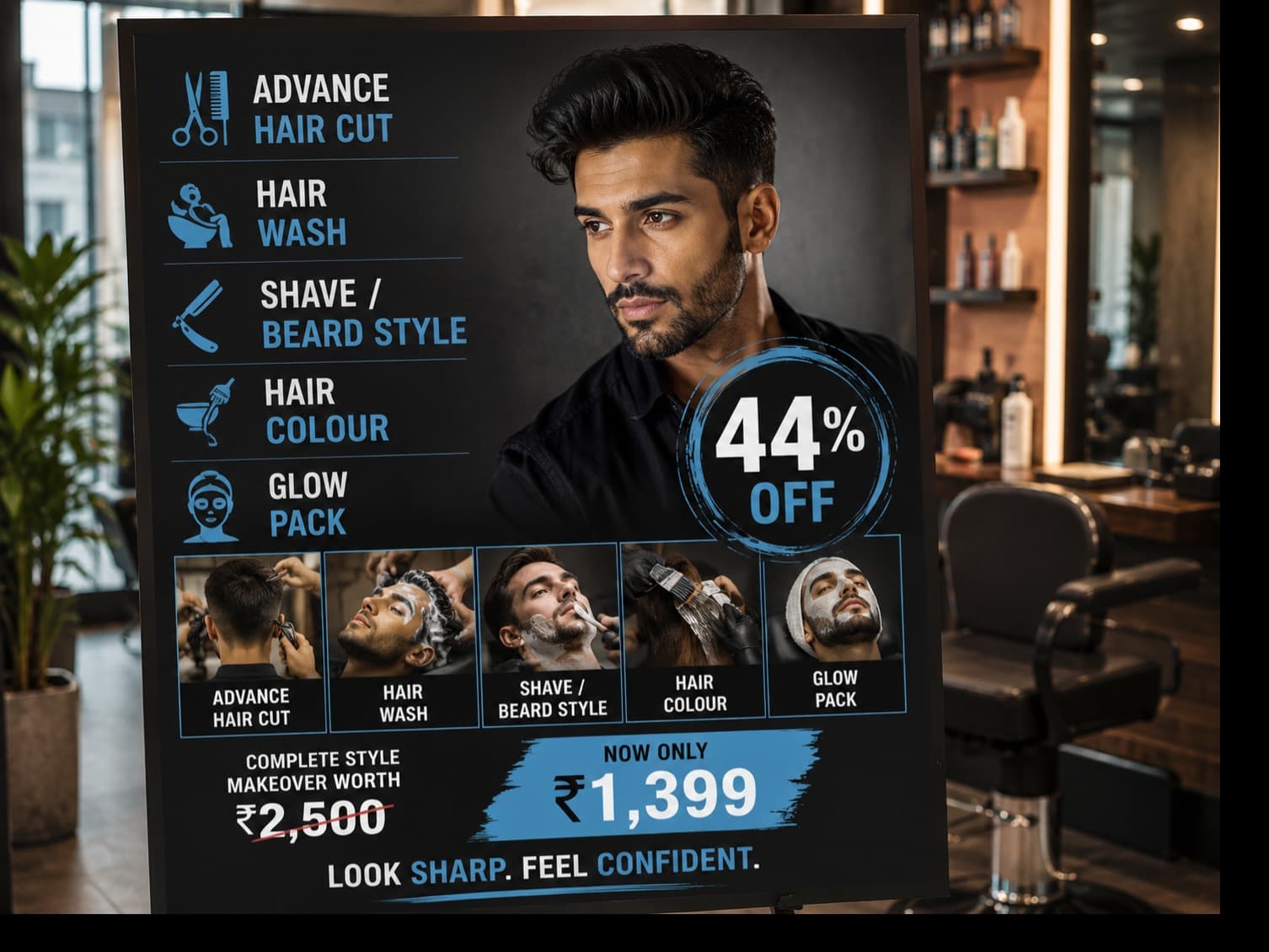 Advance Hair Cut + Hair Wash + Shave/Beard Style + Hair Colour + Glow Pack — 44% OFF