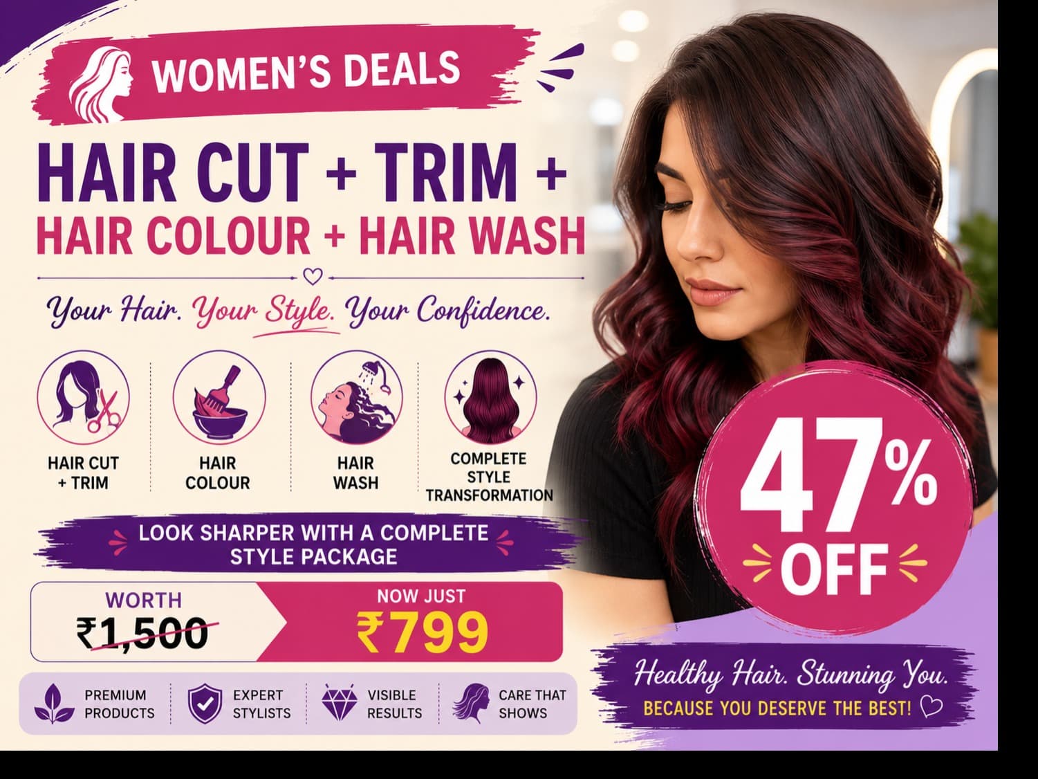 Hair Cut + Trim + Hair Colour + Hair Wash — 47% OFF