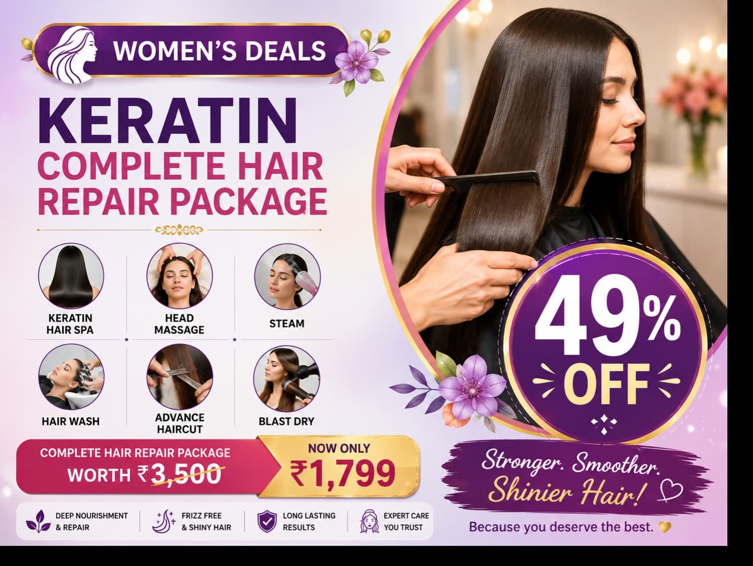Women’s Deals - Keratin Hair Spa + Head Massage + Steam + Hair Wash + Advance Haircut + Blast Dry — 49% OFF