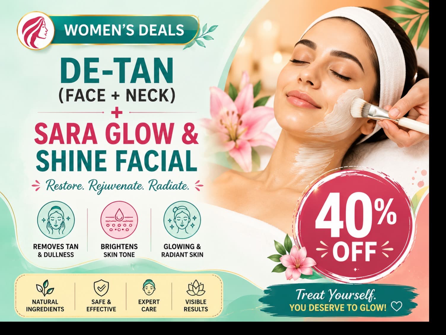 Women’s Deals - De-Tan (Face + Neck) + Sara Glow & Shine Facial — 40% OFF