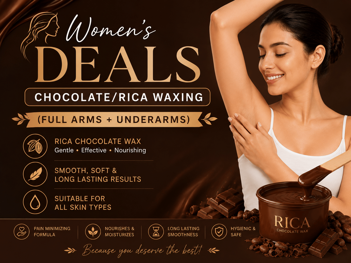 Women’s Deals - Chocolate/Rica Waxing (Full Arms + Underarms) + Threading (Eyebrows) — 50% OFF