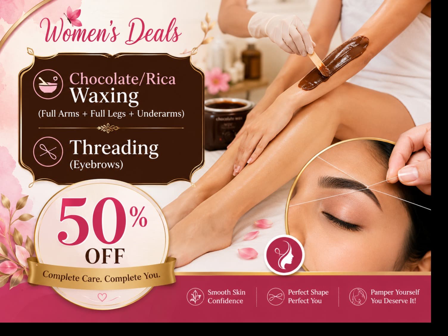 Women’s Deals - Chocolate/Rica Waxing (Full Arms + Full Legs + Underarms) + Threading (Eyebrows) — 50% OFF