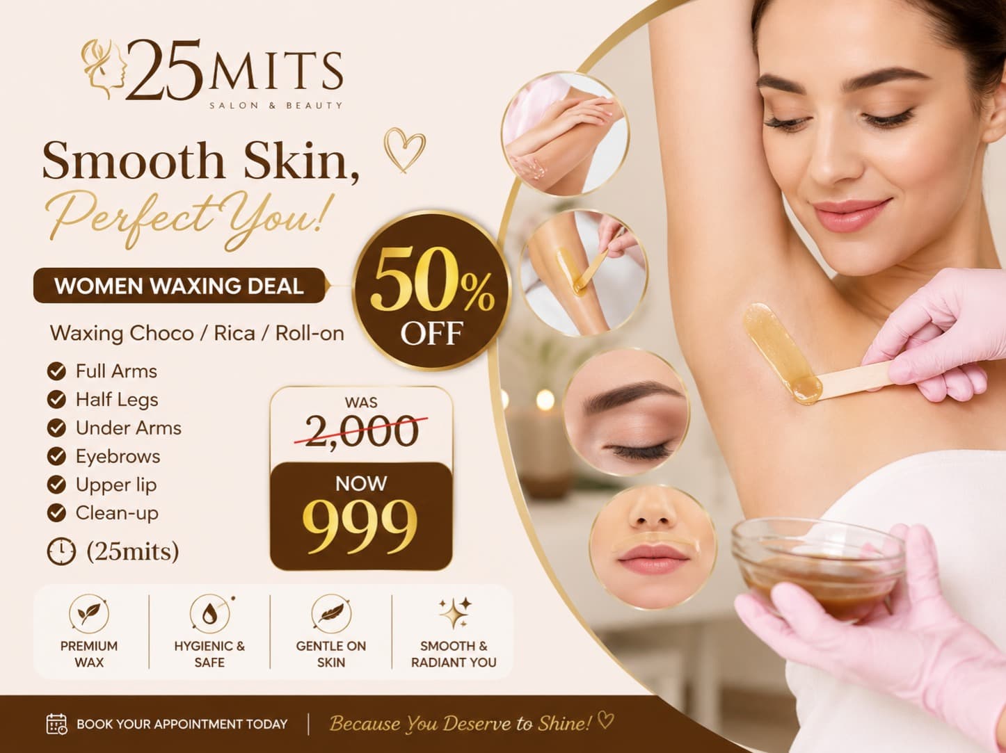 Waxing (Choco / Rica / Roll-on) covering Full Arms, Half Legs, Underarms, Eyebrows, Upper Lip, and Clean-up — all completed in just 25 minutes - 50% OFF
